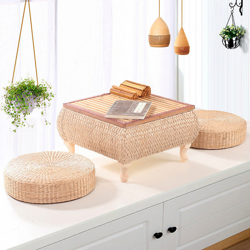 Straw rattan creative tatami coffee table Japanese low table bay window coffee table solid wood windowsill table floor small table kang table