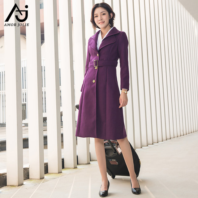 Shenzhen Airlines stewardess coat ຂອງແມ່ຍິງການຂາຍຊັບສິນ woolen ເຮັດວຽກ woolen coat ລະດູຫນາວກາງຍາວ waisted ເປັນມືອາຊີບໃສ່