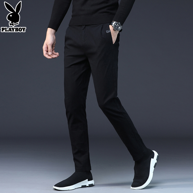 Playboy autumn casual pants men's trend new all-match black cotton youth small feet slim long pants men