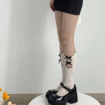 The same cute sweet and cool double layer hollow lace flocked bow fishnet stockings short socks calf socks two wear