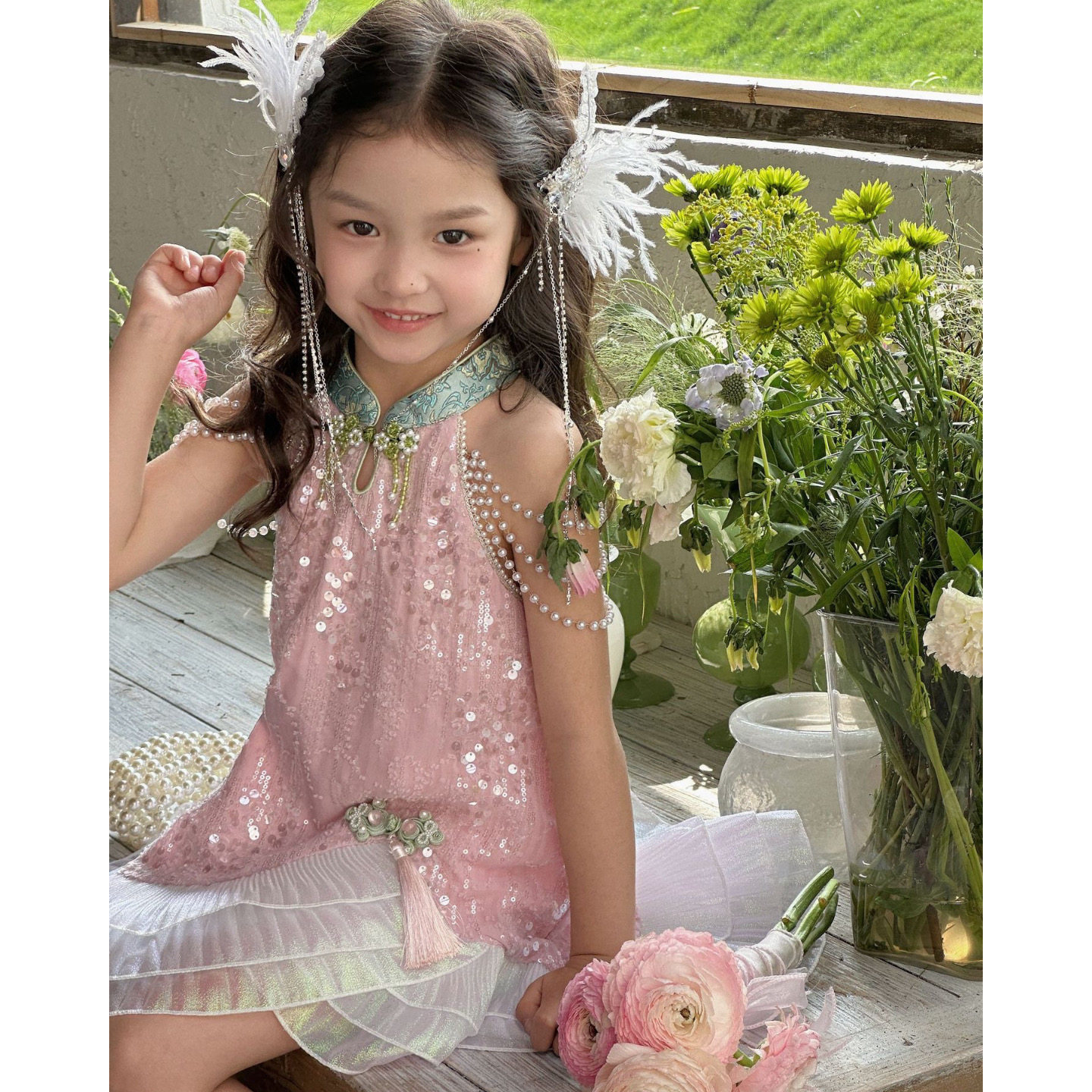 2024 Summer Girls Mermaid Cheongsam Dress Pearl Ruffled Princess Dress Pink Sequin Symphony Tank Top Dress Six Day
