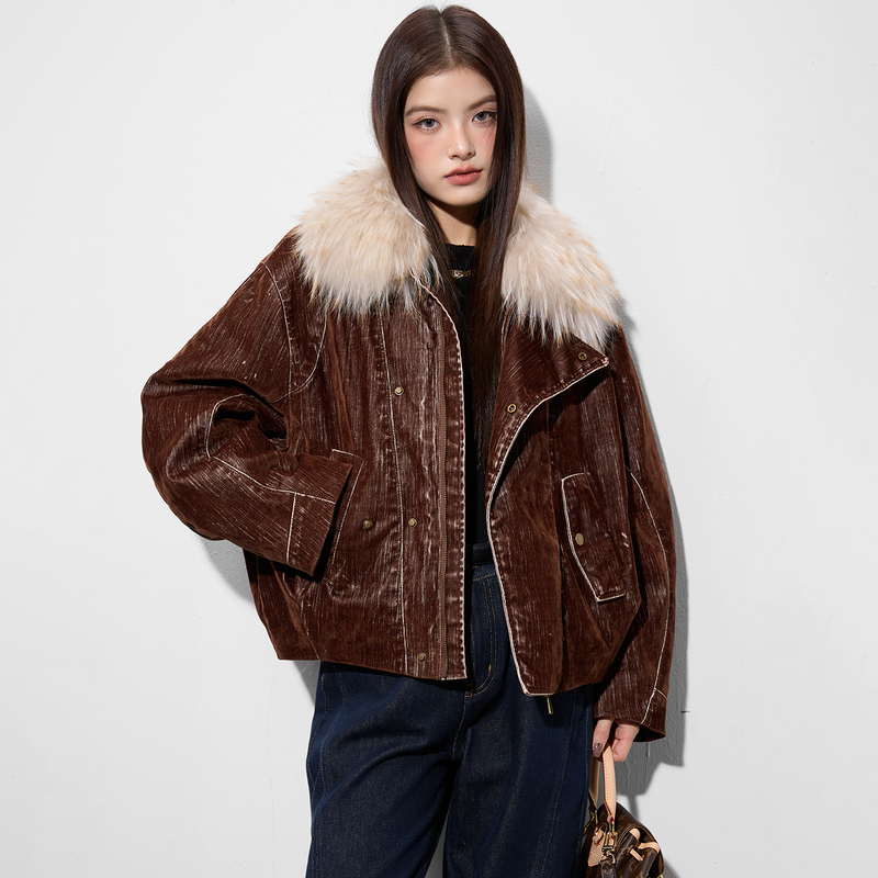 Modern Rider Raccoon Fur Collar Vintage-Style 90% White Goose down Motorcycle Jacket Fur Parka Coat for Women