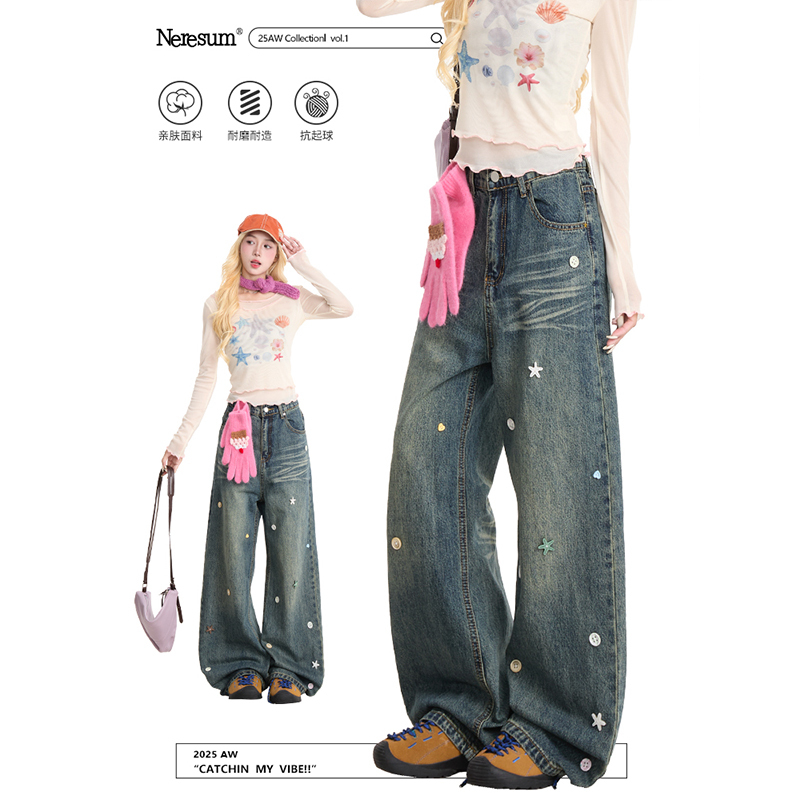 Neresum Starfish Button Decorated Jeans for Women, Designer Washed Straight-Leg Pants, Vintage Loose Slimming Long Pants