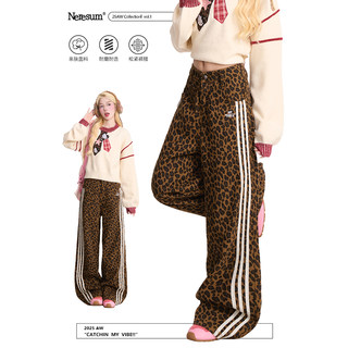 NERESUM豹纹裤子工装裤女美工复古三条杠宽松直筒街头小众休闲裤