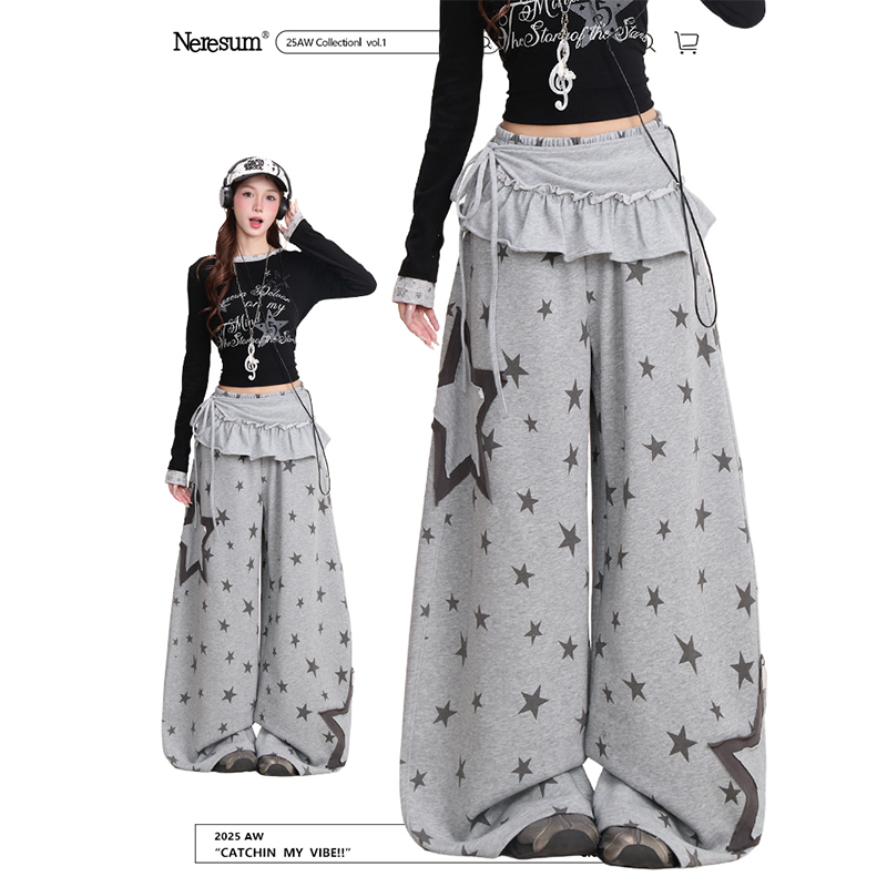 Neresum All-Over Star Print Wide-Leg Sweatpants for Women, Subculture Style, Fake Two-Piece Pants, Loose Casual Pants