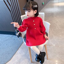 Girl Hair Thread Knit Dress in Korean version Red mid red Baby Autumn Dress Dresses Children Foreign Air 2022 New