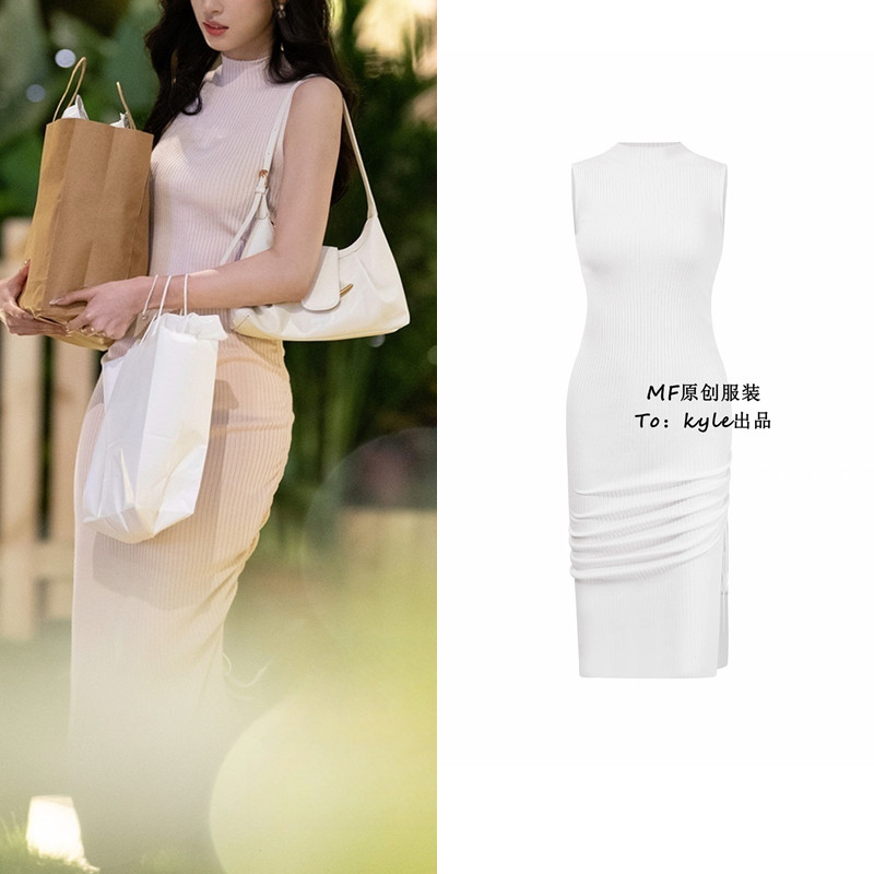 The Signal of Heartbeat 9 Liang Ren Fang's Same Style Dress Korean Version White Half-High Collar Drawstring Sleeveless Knitted Tank Dress The Signal of Heartbeat 9 Liang Ren Fang's Same Style Dress Korean Version White Half-High Collar Drawstring Sleeveless Knitted Tank Dress
