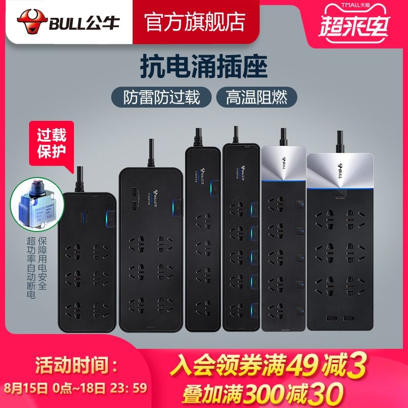 Bull socket Anti-surge independent switch Overload protection lightning protection socket USB multi-function plug and socket plug board