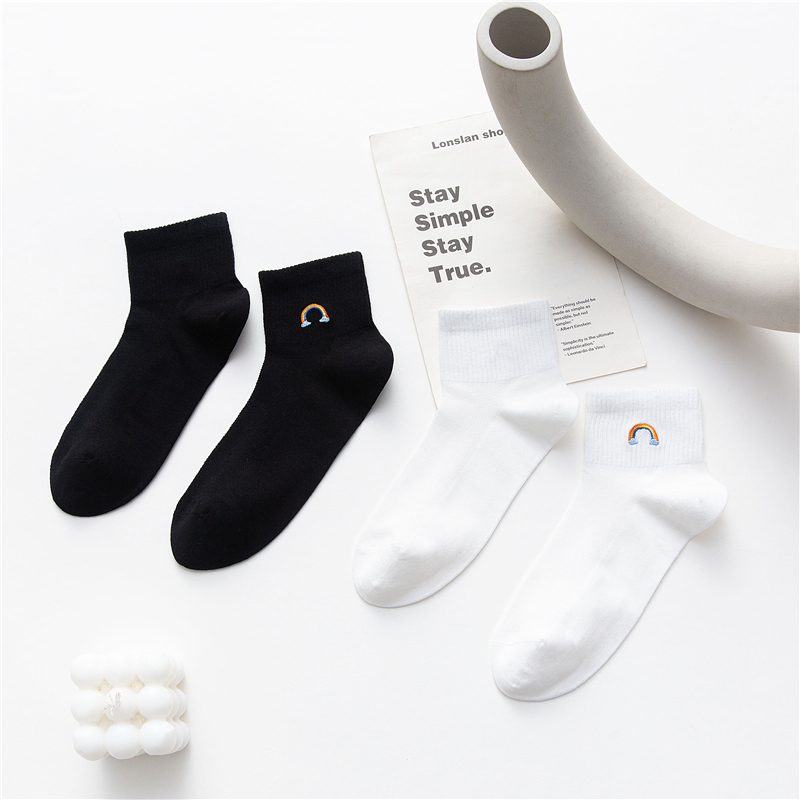 Spring Summer Ultrathin Silk Hemp Mesh Socks Children Casual Minima Black & White Series Sweet Japanese Rainbow Pattern Short Stocking Socks