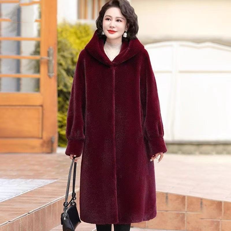 2025 New Fur Coat for Women, Winter Mid-Length Mink Fur Integrated Coat with Hood, Over-The-Knee Long Coat