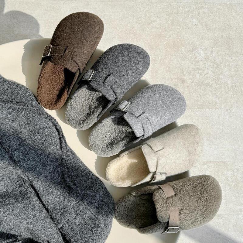 Sheepskin and Wool Integrated~Fleece-Lined Warm Thick-Soled Felt Birkenstock Shoes for Women, Winter Closed-Toe Wool Slip-On Mule Slippers