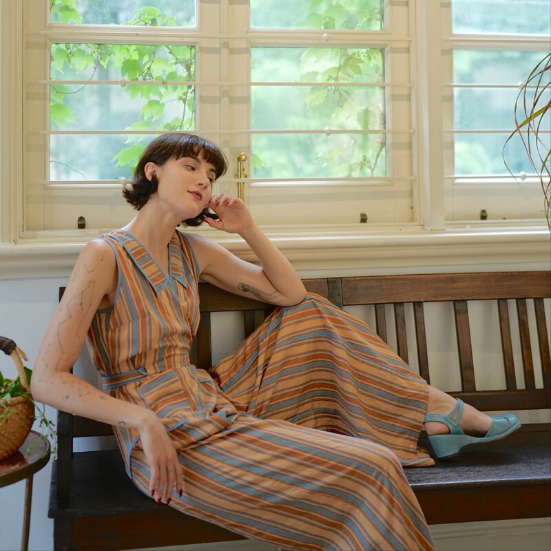 1920S｜Brown and Blue Striped Sleeveless Wrap-Style Retro Jumpsuit