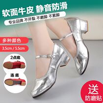 Dance Shoes Womens Square Dance Shoes Genuine Leather Soft Bottom High Heel Shoes Silver Dancing With Summer Ballroom Womens Shoes