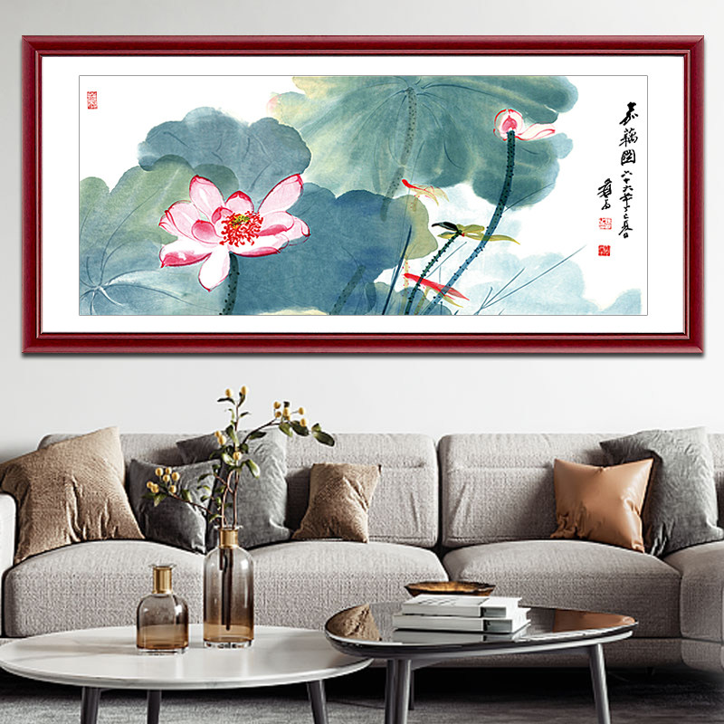 Zhang Daqian lotus flower Jia lotus picture sofa background wall painting new Chinese style living room decoration dining room hotel bedside mural