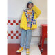 ZZZ homemade American childlike cute retro plaid hit color sapphire blue fleece double-sided wear hooded coat