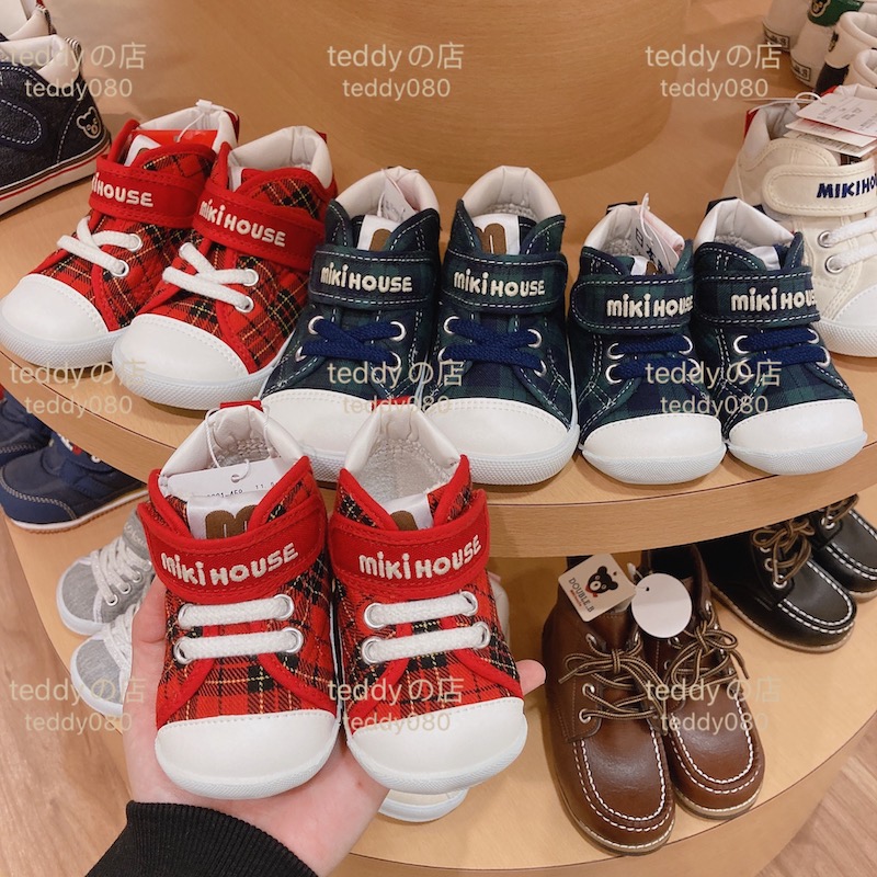 Made in Japan mikihouse one or two plaid infant baby soft-soled toddler shoes 11 5~19cm