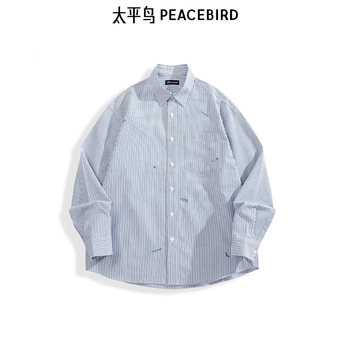Peacebird Men's Casual Shirt for Outerwear, New Spring and Autumn Striped Shirt Jacket, Fashionable Loose Embroidered Long-Sleeve Shirt