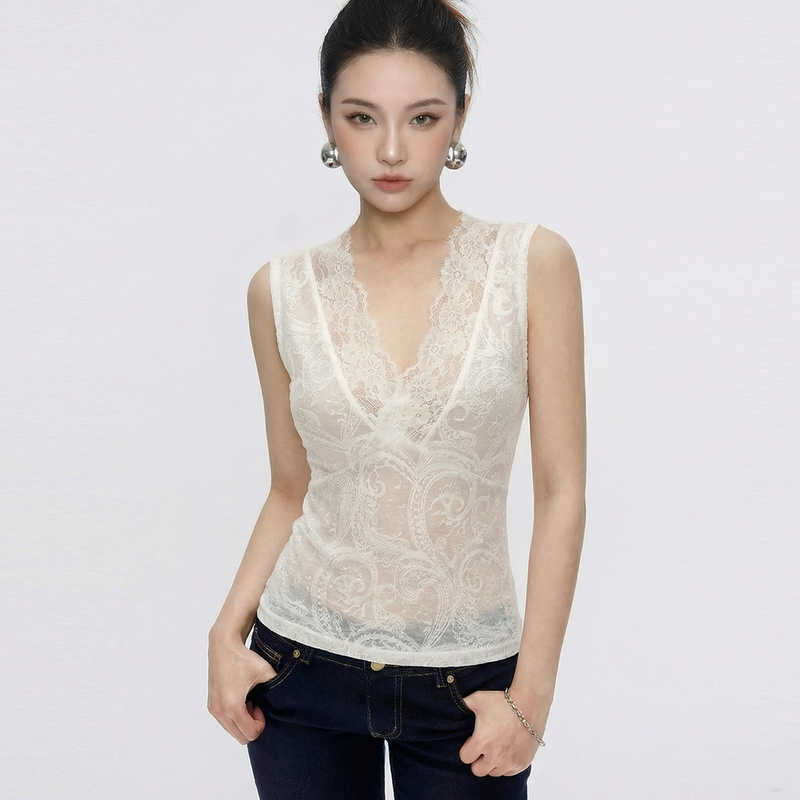 Victoria Muzi V-Neck Lace Vest for Women, Can Be Worn as an Inner Layer or Outerwear, Sleeveless T-Shirt, Sheer Mesh, Sexy and Light Luxury Top