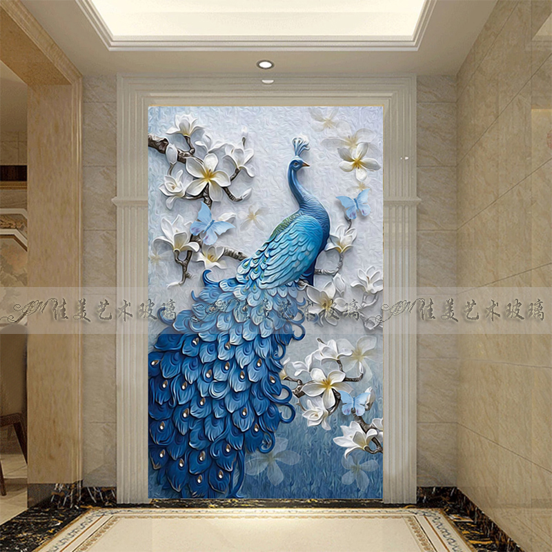 Art glass custom carving partition screen wind mask TV background wall living room decorated 3D magnificent relief peacock