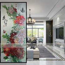 Customized relief art glass living room screen partition wall bathroom dry and wet area entrance shoe cabinet Chinese peony