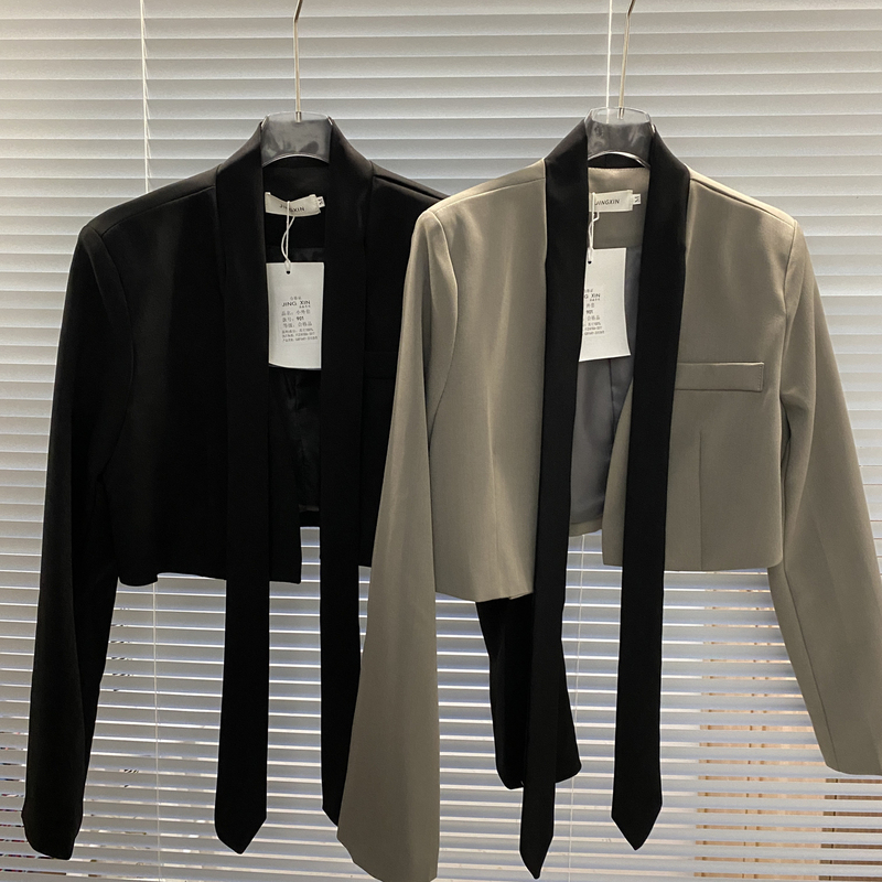 Women's Blazer with Ribbon, Short Design, New 2025 Authentic Shawl Cardigan, Elegant Solid Color Suit Jacket