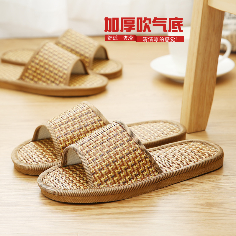 Home Straw Mat Rattan Slippers for Women, Indoor Non-Slip Thick-Soled Household Bamboo Woven Slippers for Men, Comfortable