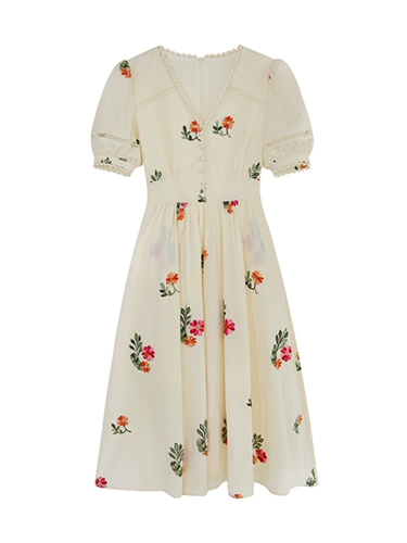 Абрикосовое летнее кружевное дизайнерское длинное платье, с вышивкой, средней длины, в цветочек