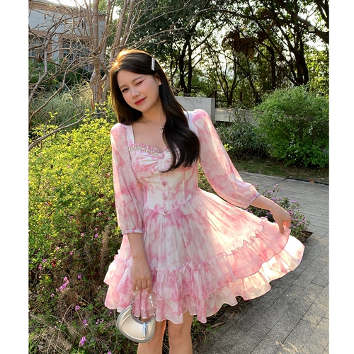 Весеннее летнее короткое платье, квадратный вырез, цветочный принт, А-силуэт