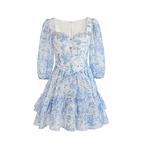 Весеннее летнее короткое платье, квадратный вырез, цветочный принт, А-силуэт