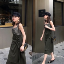 DALU Plaid stitching pleated irregular high waist suspenders dress long holiday style 2019 popular skirt