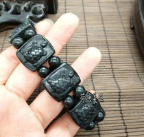 Natural black jade bracelet strong magnetic and translucent dark green jade carved longevity turtle bracelet dark green stone hand array
