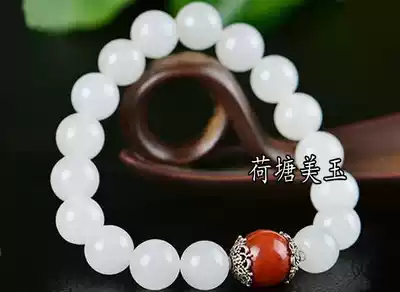 Xinjiang Hetian white jade hand chain women's hand chain hand string jade beads round beads Buddha beads Jade stone head decoration with agate beads
