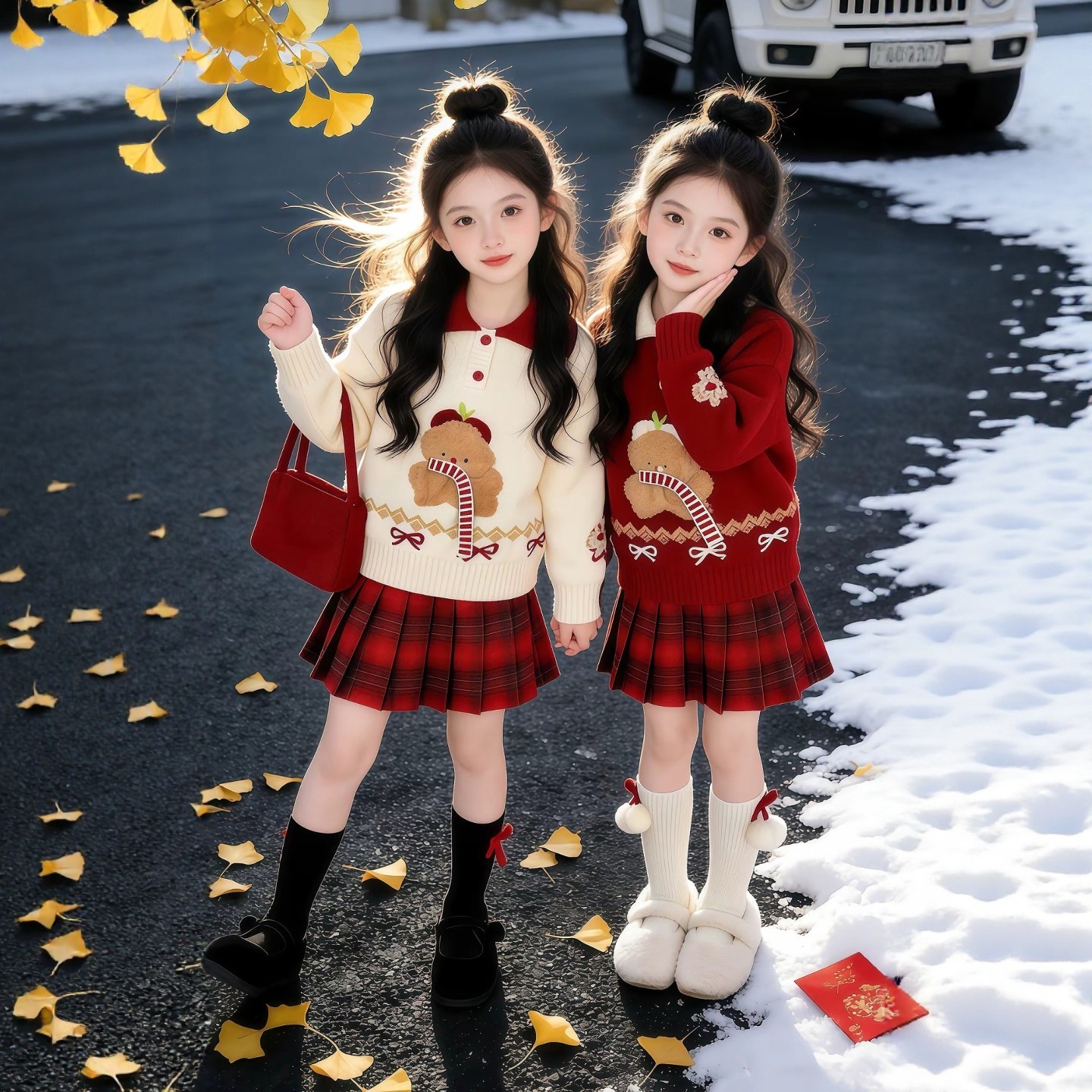 Модный новогодний костюм в западном стиле для девочек, осенне-зимние модели, новинка 2025 года, детский свитер, плиссированная юбка из двух частей, утолщенная