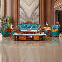 Ebony wood sofa European style genuine leather first layer cowhide villa luxury large apartment living room solid wood carved furniture combination