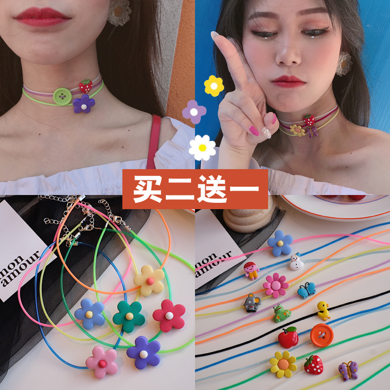 Teenage Girl Hearts Small Flowers Necklace Korea Ins Child Anecdote Cute Apple APPLE Collar Earth Cool 100 hitch Trampoline Necklace Tide
