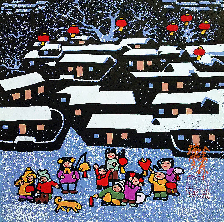 Snowy rural children celebrate Lunar New Year with lanterns Spring Festival folklore folk farmhouse Lowe county Farmers Draw Size 25x25cm-Taobao
