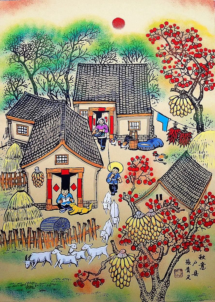 Autumn Imagery Shepherd Rural Life Hotel Farmhouse Music House Decoration Zhang Qingyi Outdoor County Peasant Painting Dimensions 52x38cm-Taobao