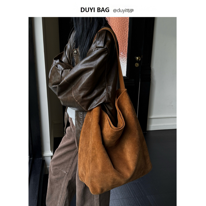 Duyi Extra-Large Suede Tote Bag, First-Layer Frosted Cowhide Shoulder Bag, Lazy Style, Personalized Large Bag, Trendy Laptop Bag Duyi Extra-Large Suede Tote Bag, First-Layer Frosted Cowhide Shoulder Bag, Lazy Style, Personalized Large Bag, Trendy Laptop Bag
