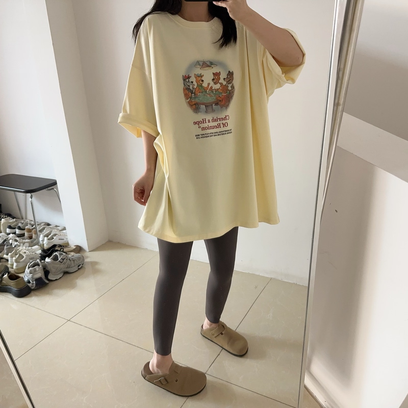 Aamyii Designer Casual Women's Top Korean Style Long T-Shirt That Covers the Buttocks, Lazy and Loose Fit, Large Size Short Sleeves