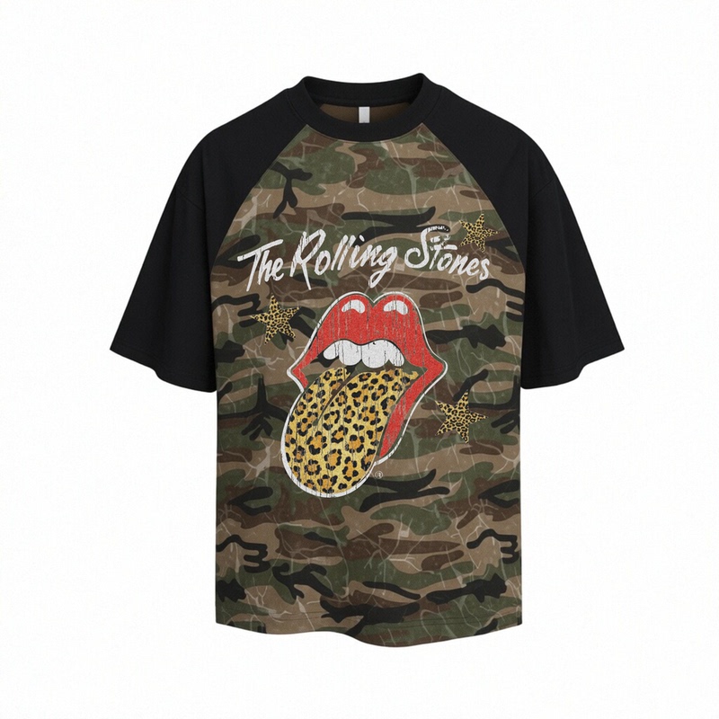 Ytstr Rolling Stones Big Tongue American Retro Camouflage Off-Shoulder Couple Trendy Vintage Short Sleeve T-Shirt Ytstr Rolling Stones Big Tongue American Retro Camouflage Off-Shoulder Couple Trendy Vintage Short Sleeve T-Shirt