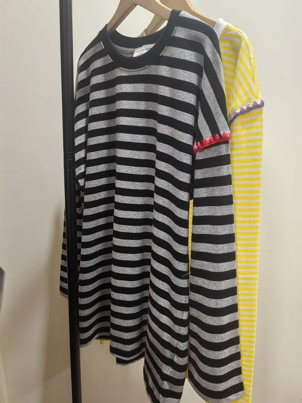 Fanxiai Liu Wen Style Lazy Style Color-Blocking Loose Shell Embroidery Striped Long-Sleeve Short-Sleeve T-Shirt for Women