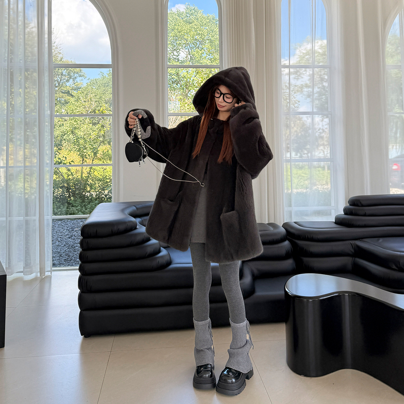 Miss Mink Imported Silver Cross Velvet Mink Coat, Full Mink Hooded Young Mink Fur Coat for Women