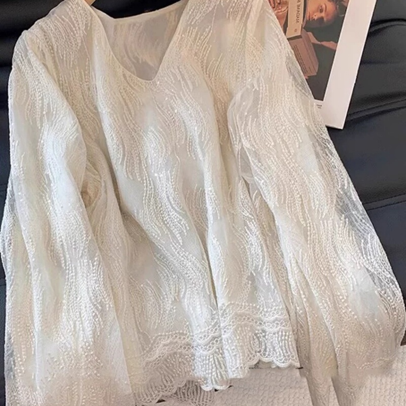 J Brand 26 Spring/Summer French Style Lace Patchwork Embroidered Shirt for Women, Spring and Autumn, 2, Off-Shoulder Pure Desire Style D6