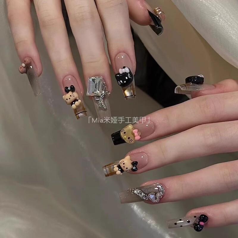 Black Checkered Handmade Wearable Nails Melard Kitty Cat Autumn and Winter Style Polka Dot Cat Eye Cute Bow Nail Art