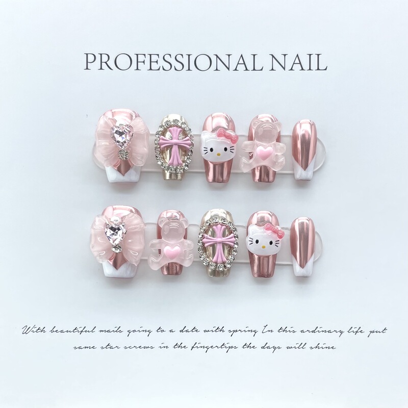 Handmade Nail Art Cartoon Cute Hello Kitty Hug Bear Croc Heart Bow Wearable Nails Student Nail Stickers
