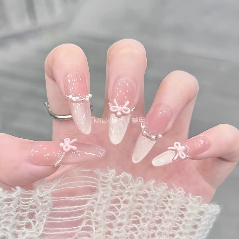 [Sweetheart Girl] French-Style Bowknot Cat-Eye Pearl Long Manicure, Enhances Complexion, High-End Feel, Handmade Press-On Nails