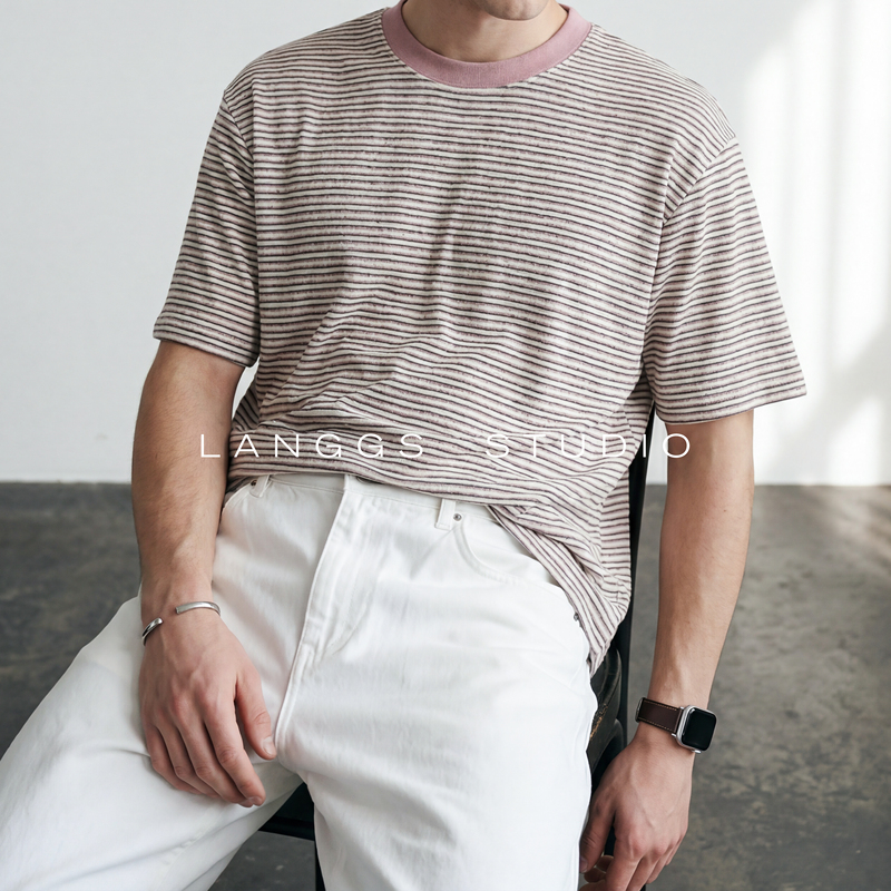Langgs Linen Floral Fabric Summer Men's Striped T-Shirt Loose Breathable High-End Short Sleeve Langgs Linen Floral Fabric Summer Men's Striped T-Shirt Loose Breathable High-End Short Sleeve