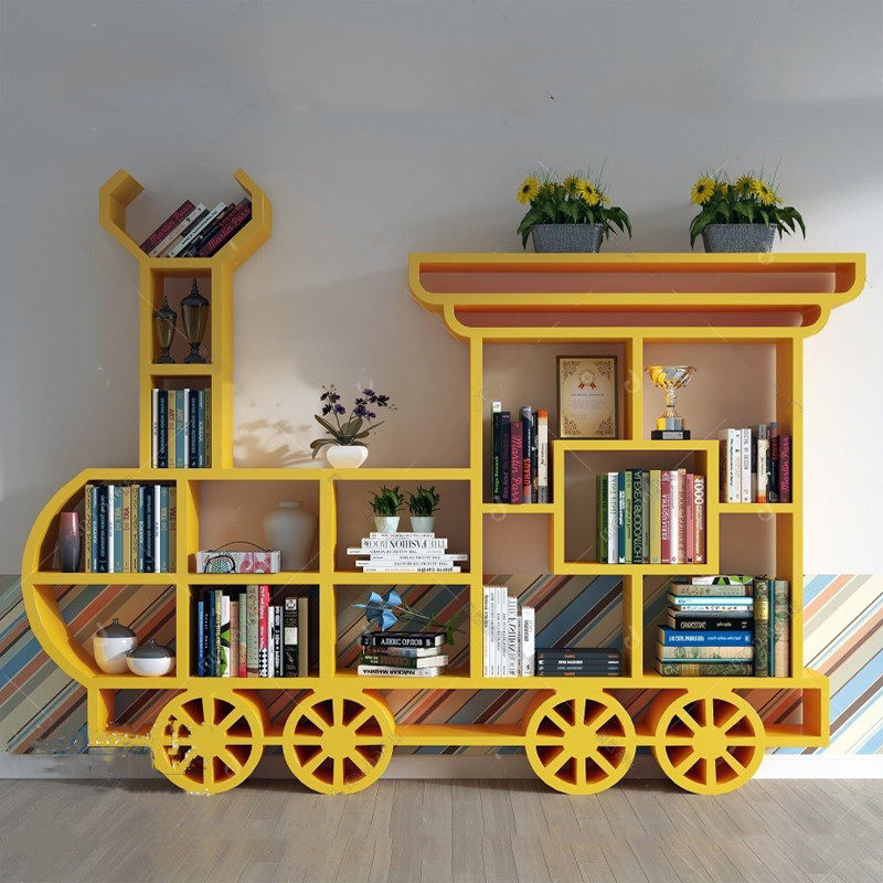 Cartoon locomotive bookcase floor rack children's bookshelf picture book rack library early education center wooden cabinet