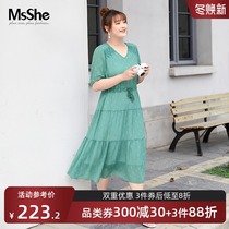 MsShe plus size womens clothing 2021 new fat mm summer dress waist V-neck jacquard Erry chiffon dress