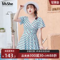 MsShe plus size womens clothing 2021 new fat mm summer dress colorful print v collar strap wrap body swimsuit